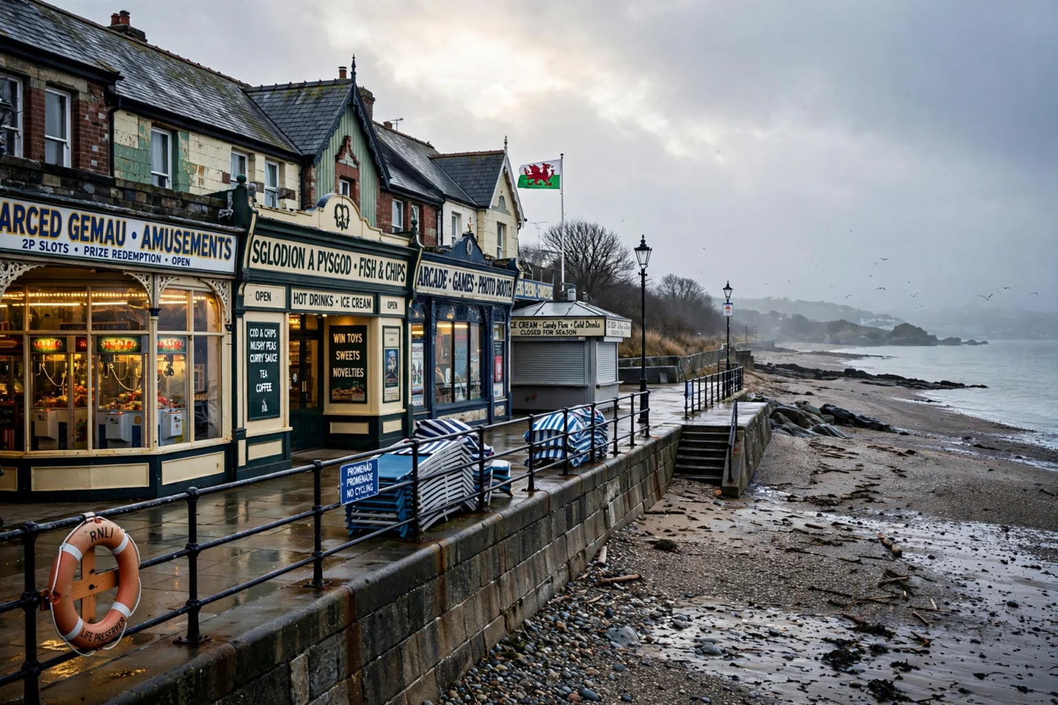 A generic Welsh seaside promenade with amusement arcades, evoking the Barry setting of Gavin and Stacey