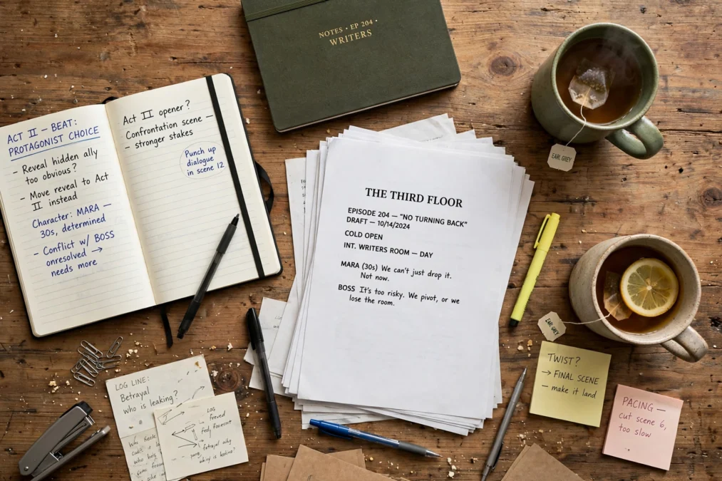 A writers' desk with notebooks, scripts and tea, illustrating how a television comedy is co-written