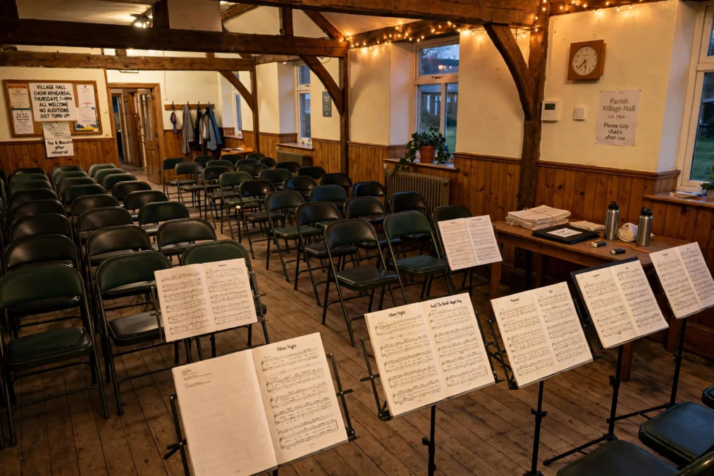 Music stands and sheet music set out for a community choir rehearsal in a village hall