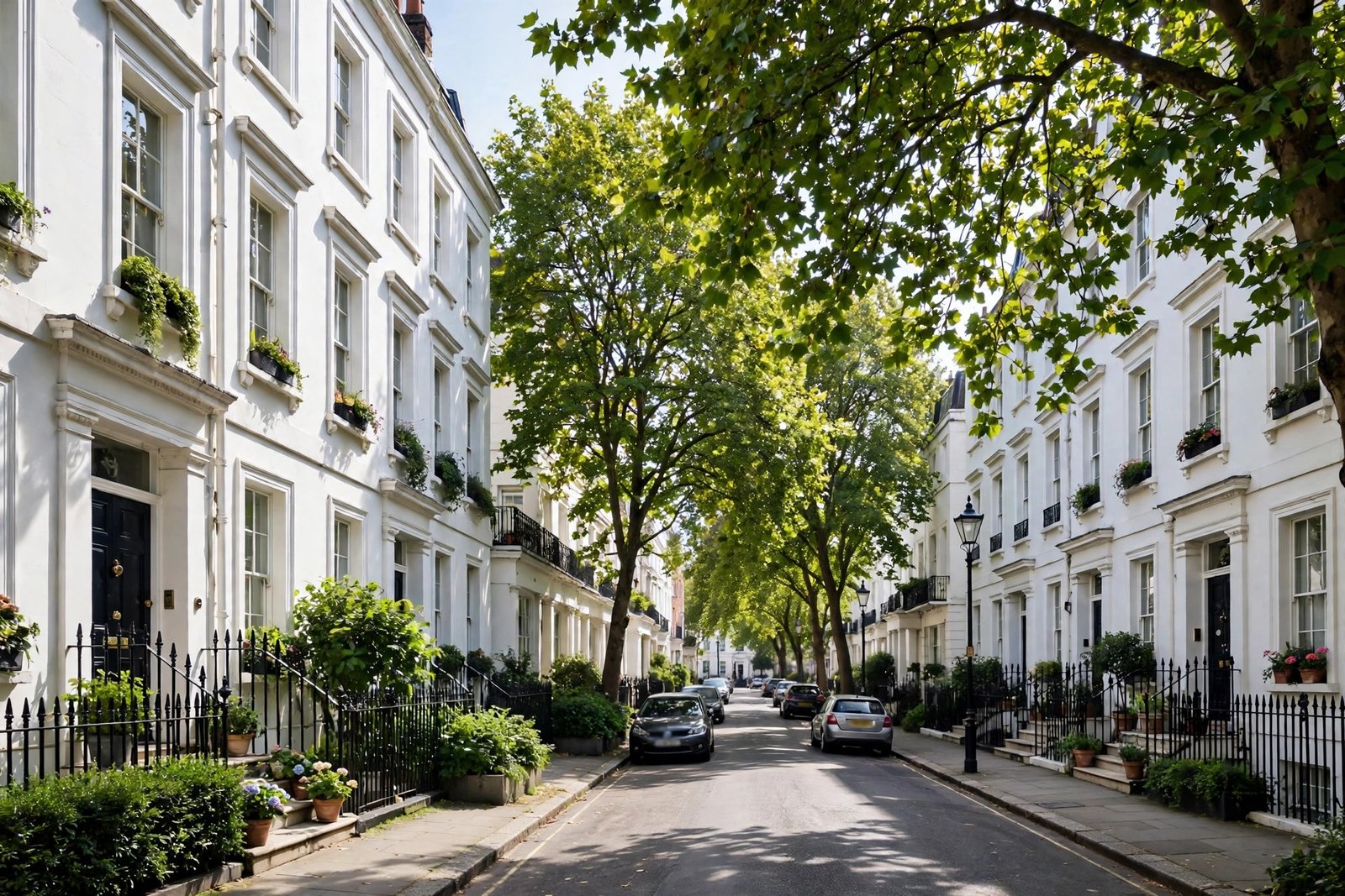 A street of white stucco townhouses in Chelsea, west London, where Made in Chelsea is set