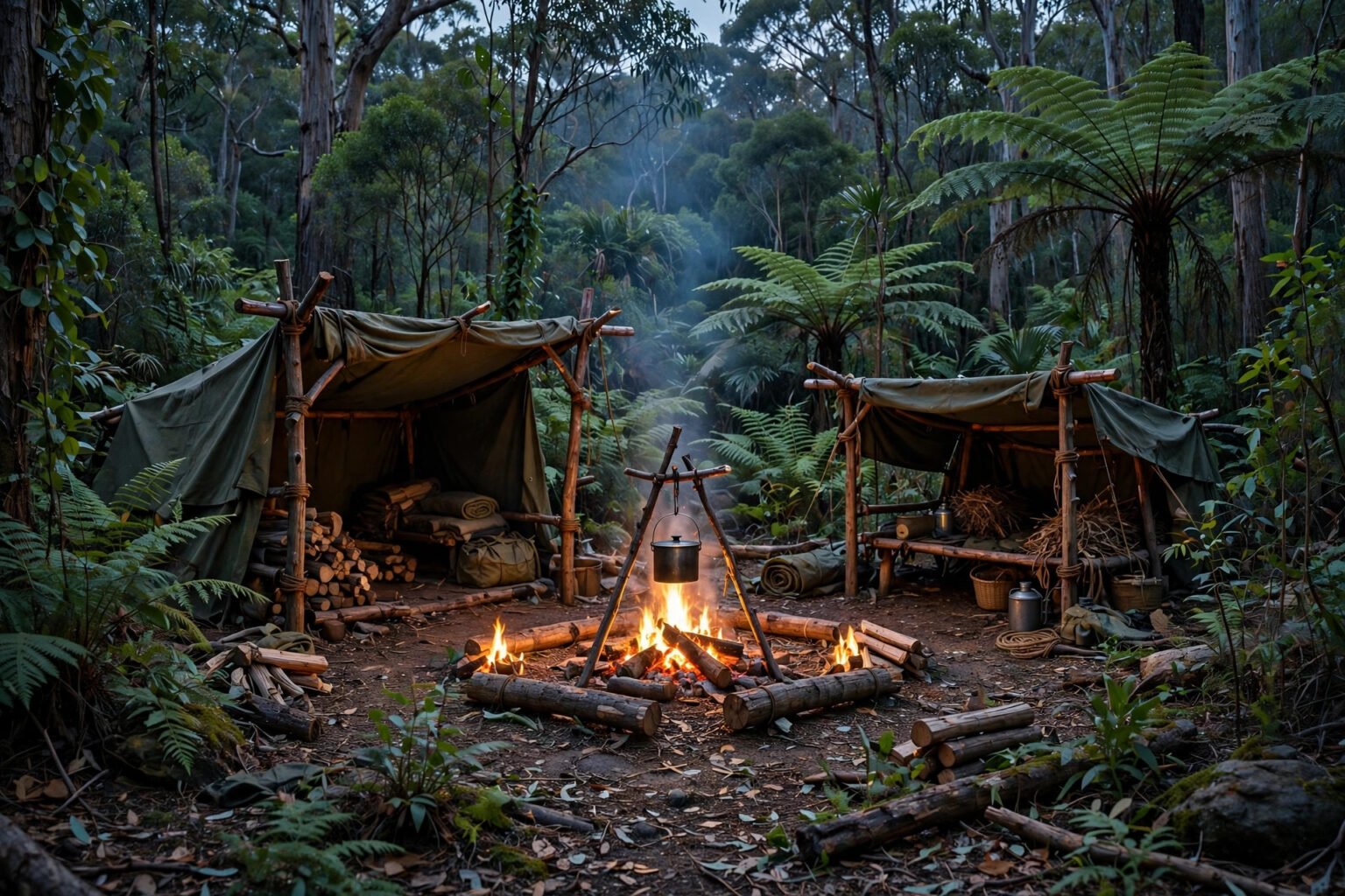 Australian jungle camp at dusk with a campfire, the setting of I'm a Celebrity...Get Me Out of Here!