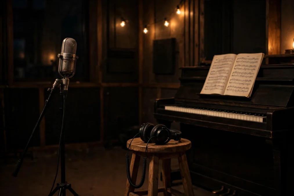 Empty recording studio with a vintage microphone and headphones, illustrating a singer-songwriter's studio sessions