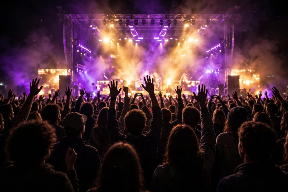 Concert crowd silhouetted against a brightly lit stage during a UK headline tour show