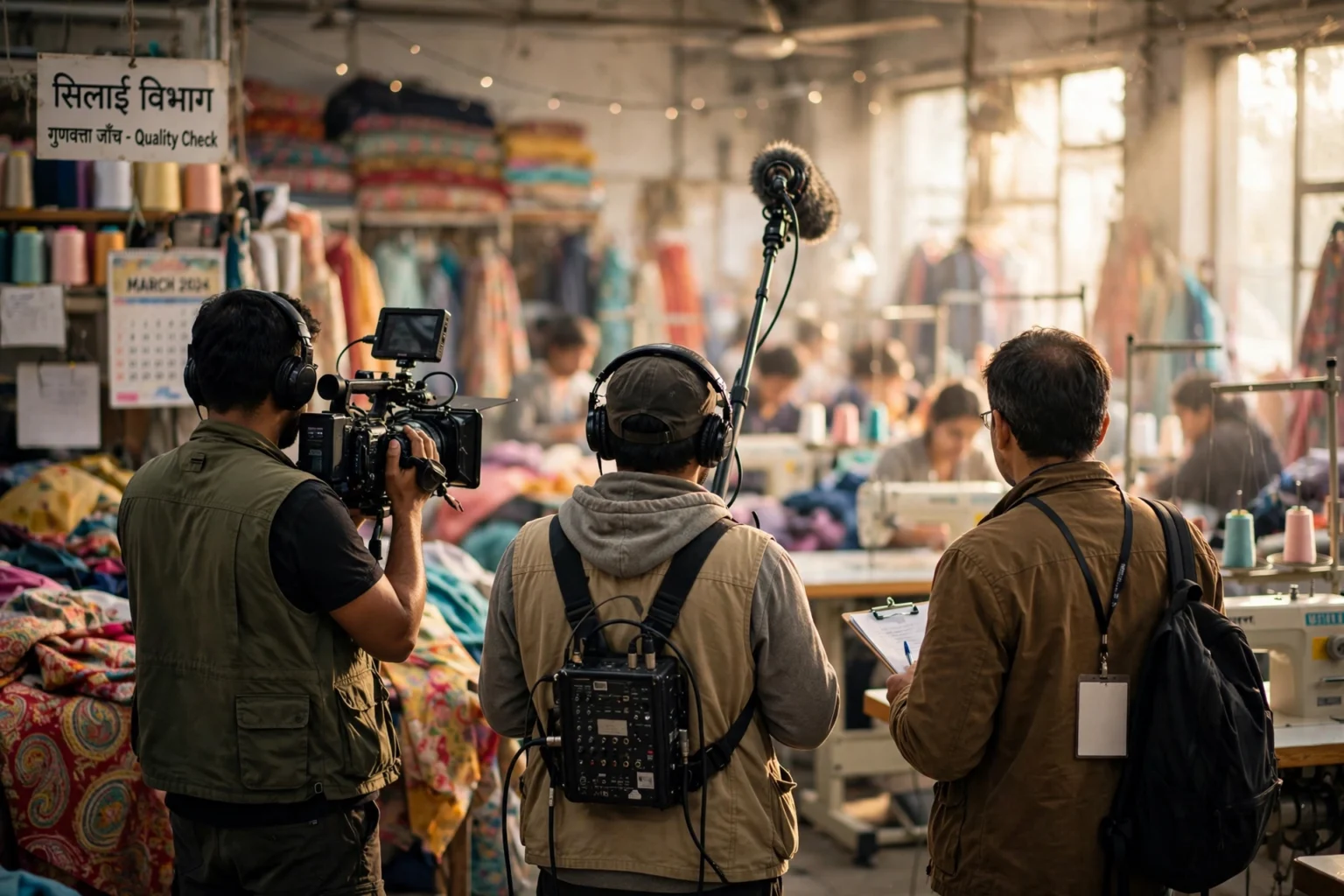 Documentary film crew recording inside a garment workshop, illustrating Stacey Dooley's investigations into fast fashion and child labour