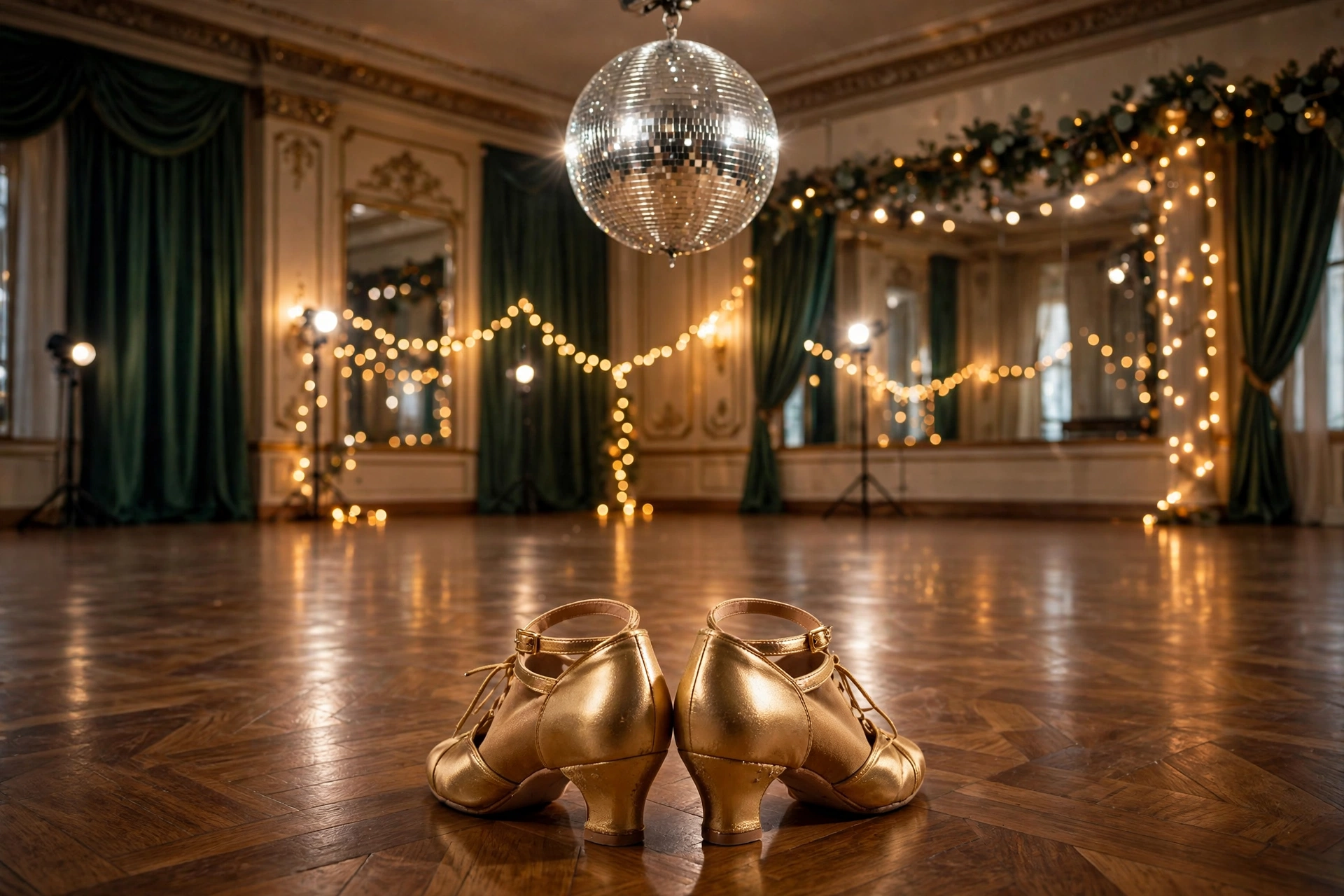 Glitterball and gold dance shoes on an empty ballroom floor, representing Stacey Dooley's Strictly Come Dancing win in 2018