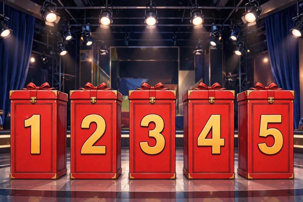 stephen mulhern Illustrative row of numbered red prize boxes on a television game-show stage.