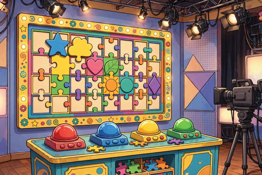 stephen mulhern Illustrative game-show puzzle board and buzzers in a bright television studio.