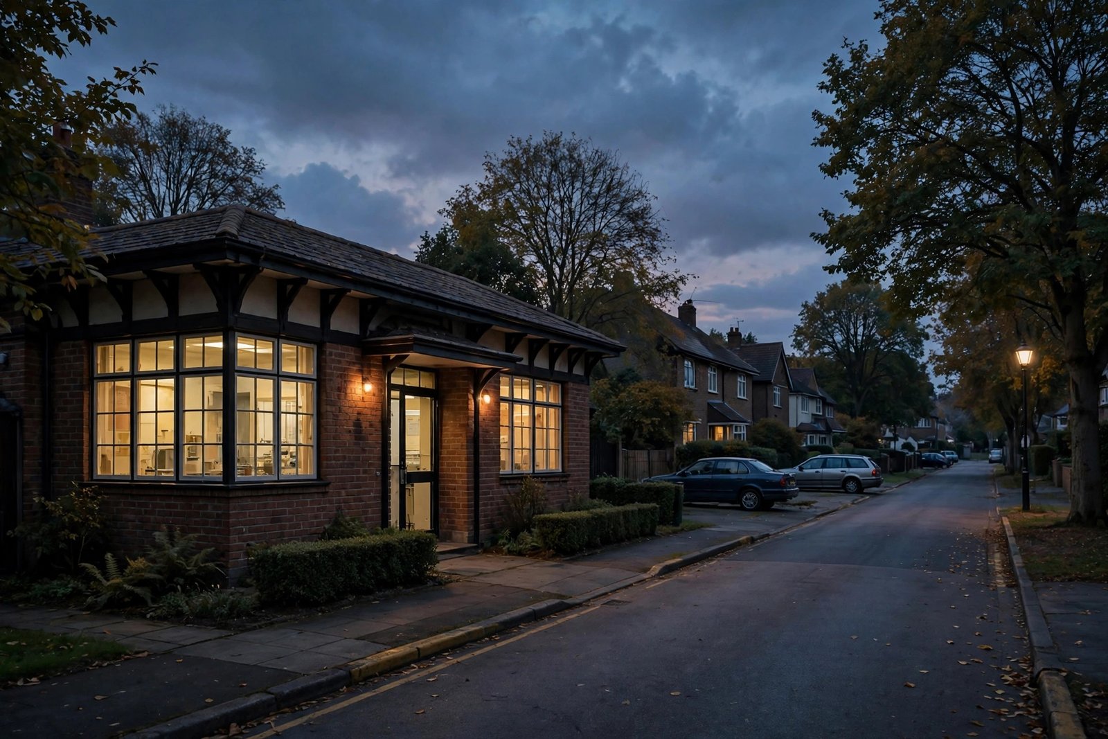 Quiet suburban street with a doctor's surgery sign under an evening sky.