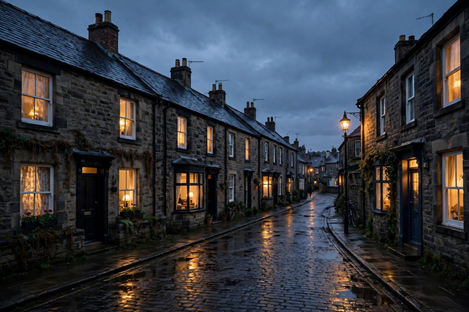 Moody northern English street at dusk with warm lit windows.