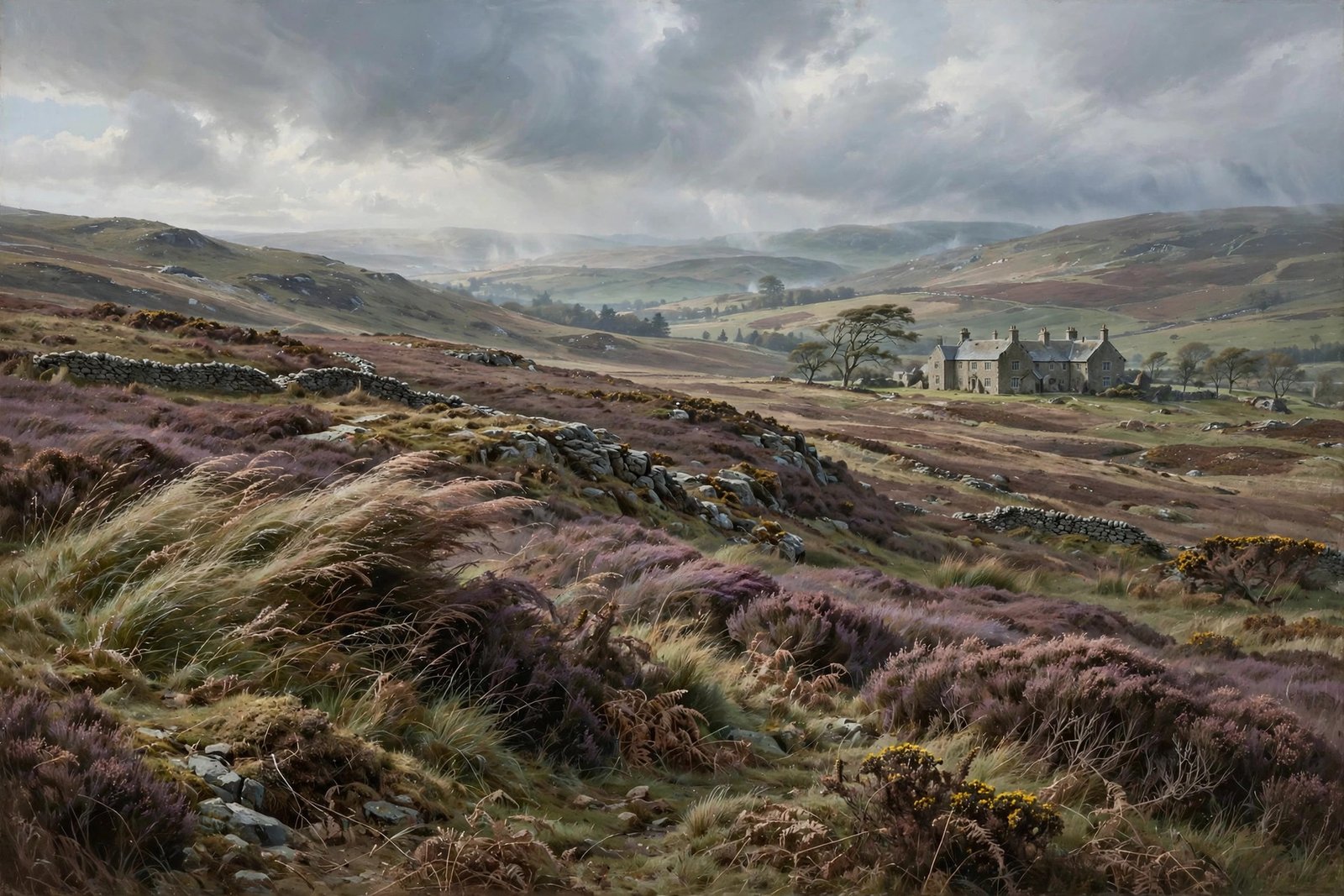 Windswept Yorkshire moorland with a stone hall in the distance.
