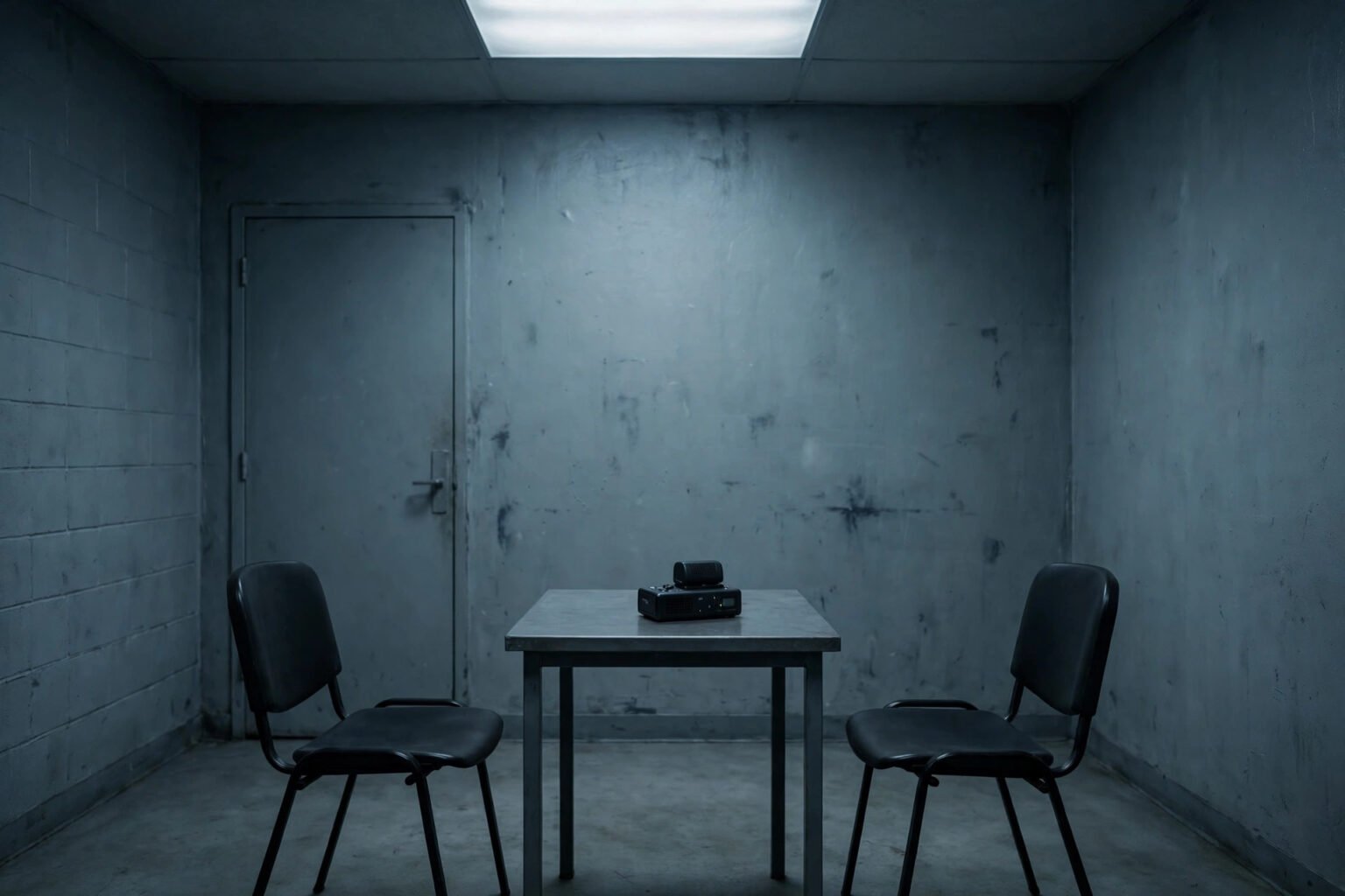 A police interview room with two chairs and recording equipment, like the AC-12 interviews in Line of Duty
