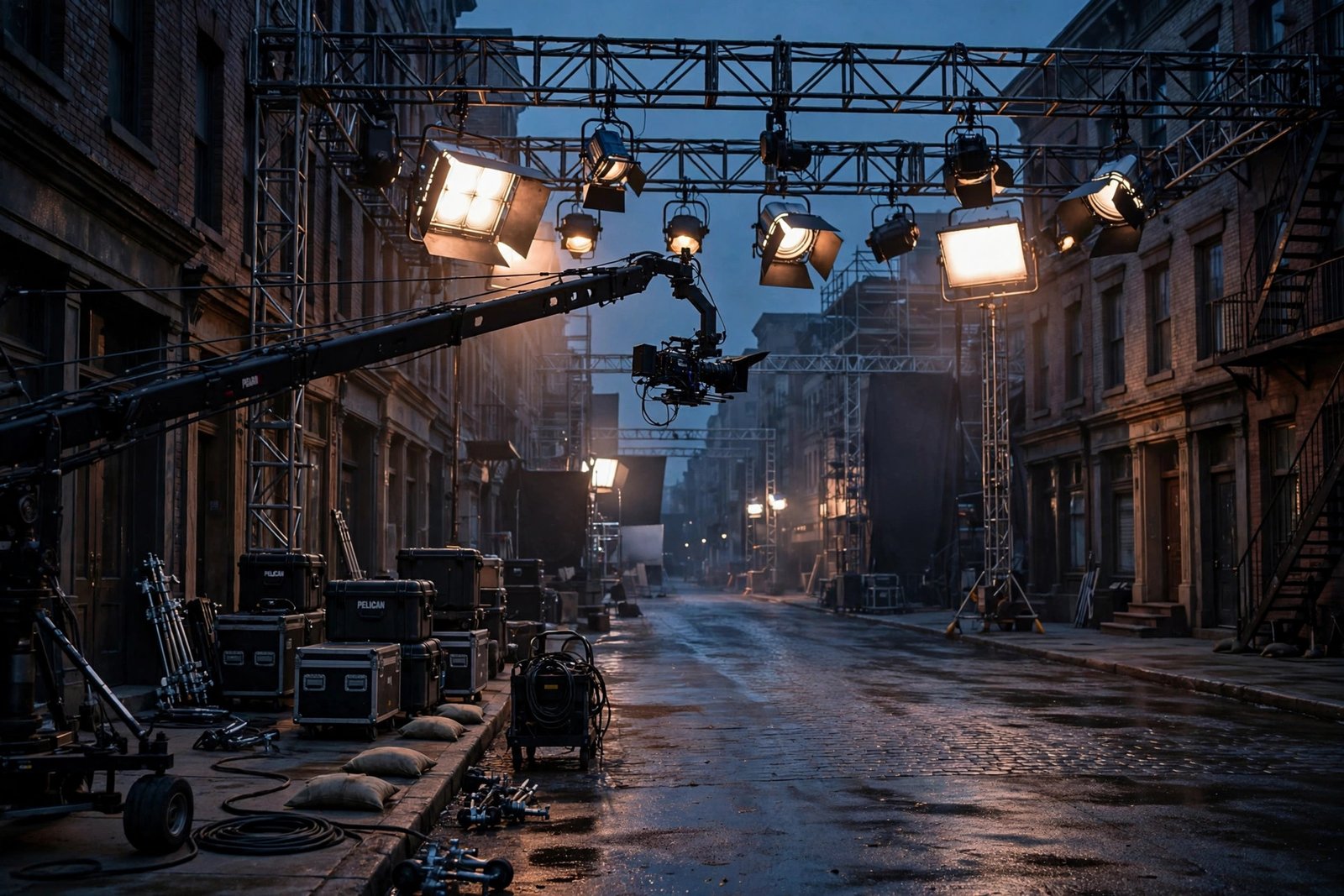 A television drama set with a camera crane and lighting rig during filming