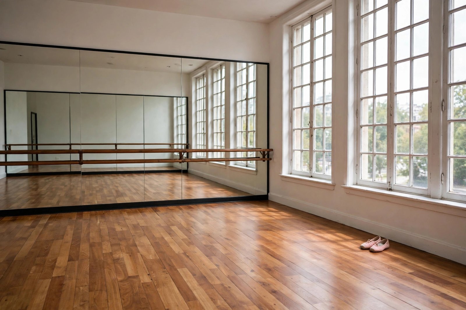 Empty ballroom dance rehearsal studio with mirrors and dance shoes, representing Strictly Come Dancing training