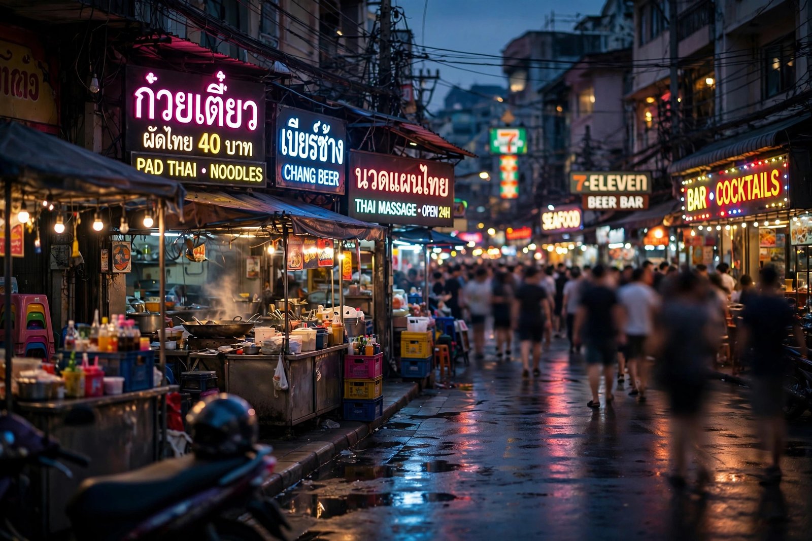 Busy nightlife street in Thailand at dusk illustrating a documentary about tourism and its darker side