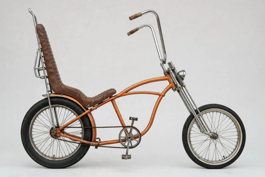 paddy mcguinness Vintage 1970s chopper bicycle with a long banana seat and high-riser handlebars, similar to the Raleigh Chopper ridden for Children in Need
