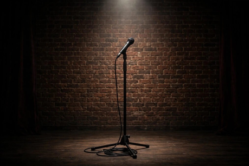 paddy mcguinness Microphone on a stand in a spotlight on an empty stand-up comedy stage