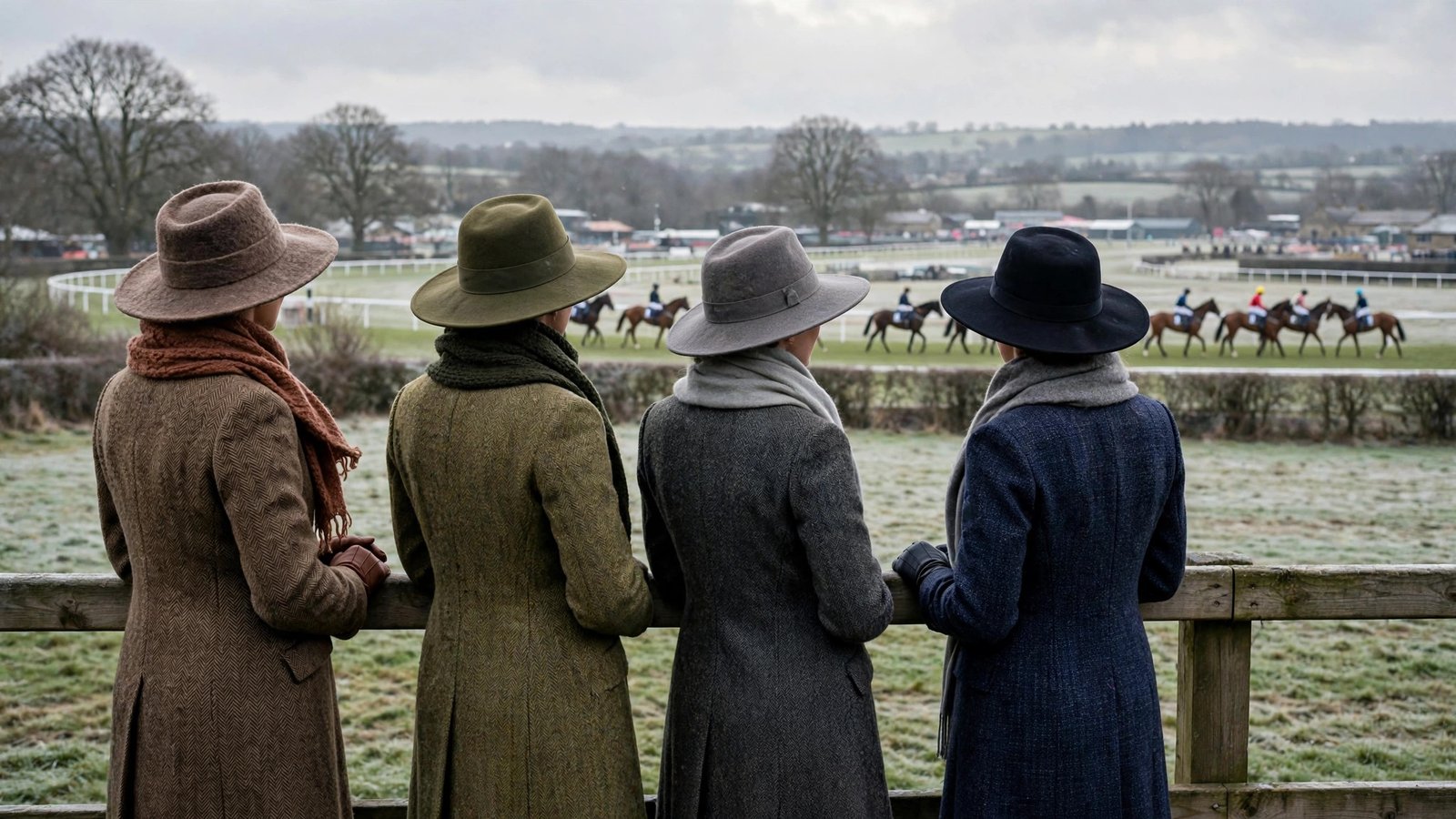 Women wearing long tweed coats and hats for race day fashion at Cheltenham Festival in British country style
