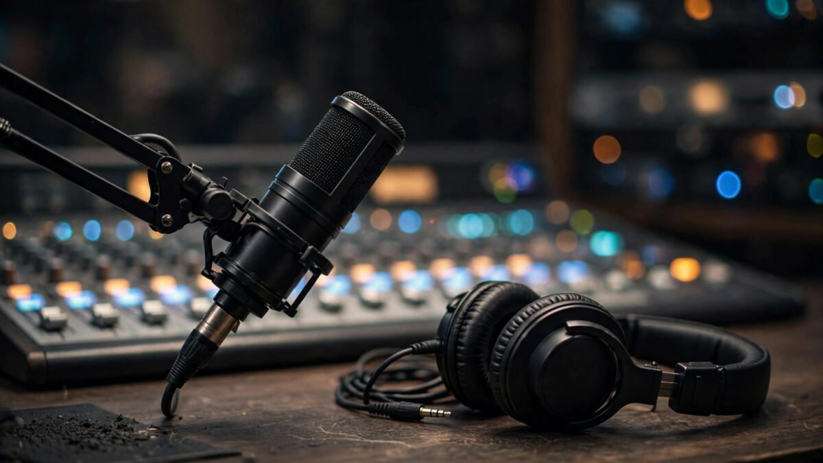 BBC-style radio studio microphone and headphones on a desk, illustrating a live morning radio breakfast show