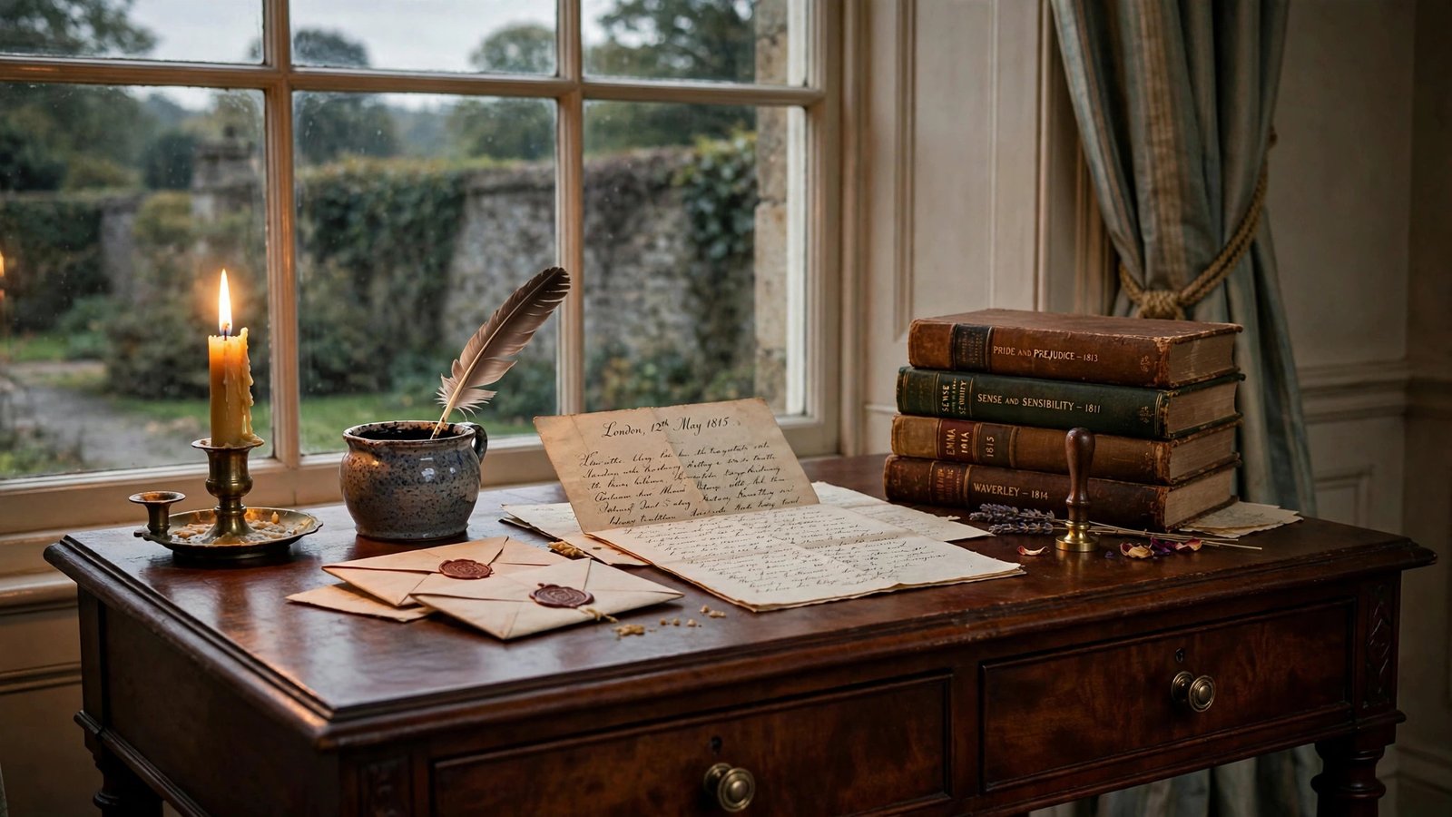Regency writing desk with handwritten letters and novels, illustrating Cassandra Austen's story in BBC drama Miss Austen starring Keeley Hawes