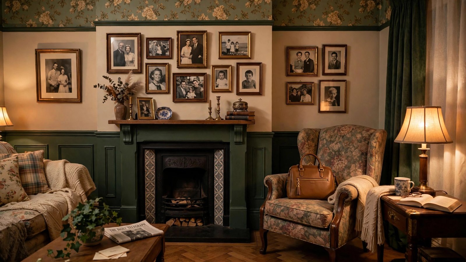 Cosy British living room set with family photos and a handbag on an armchair, evoking a soap opera matriarch's home