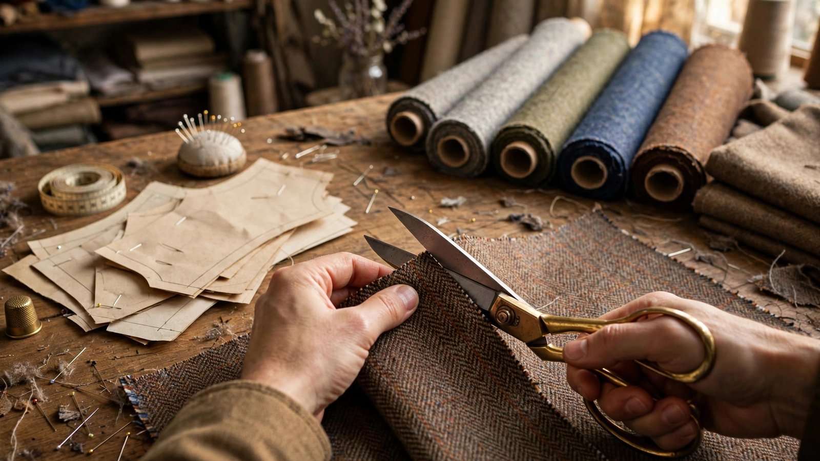 Tailor hand-cutting British tweed fabric on a work table for a made-in-Britain tailored coat