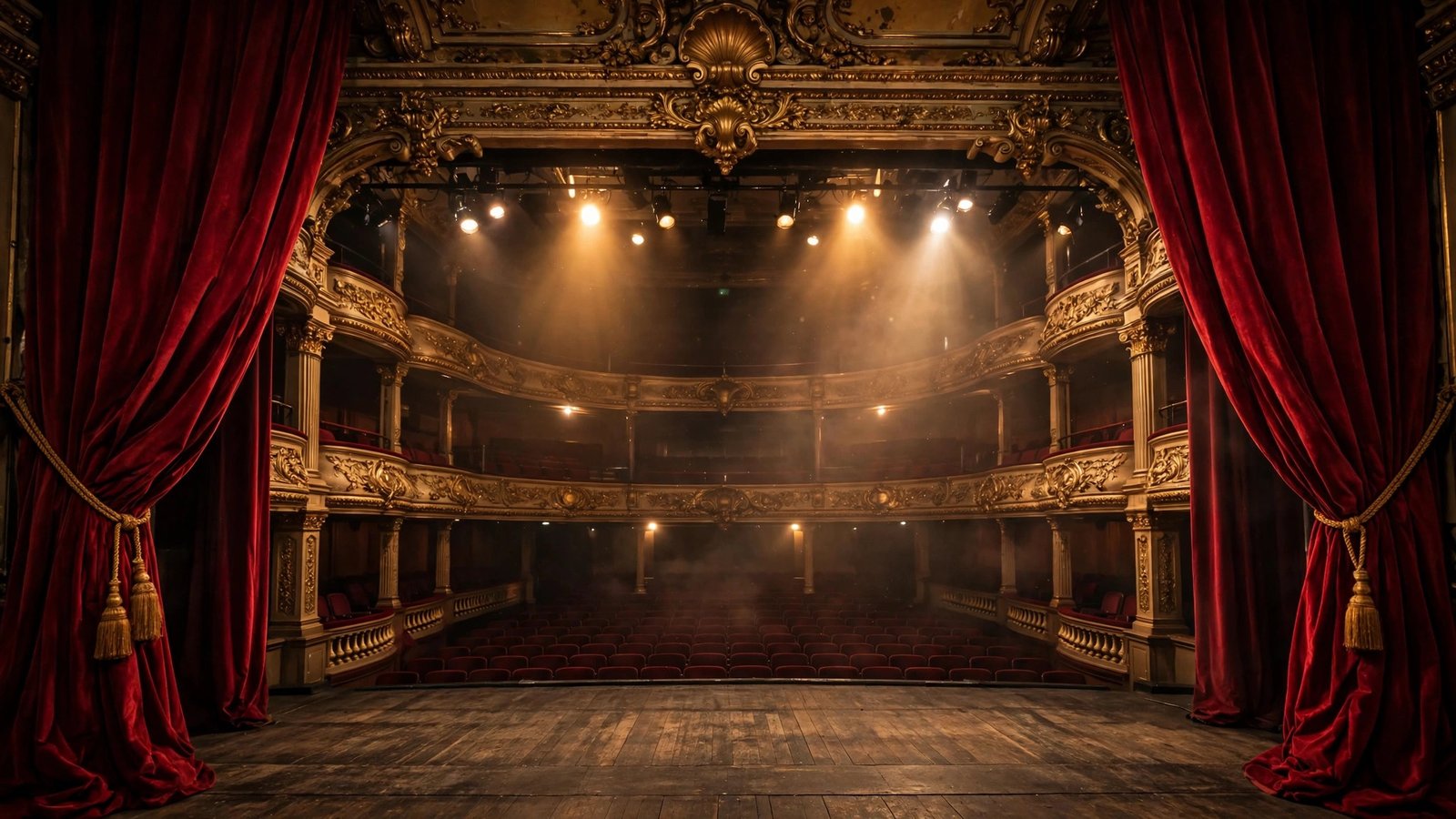 Empty British theatre stage with red curtains representing Patricia Routledge's Tony and Olivier Award-winning stage career