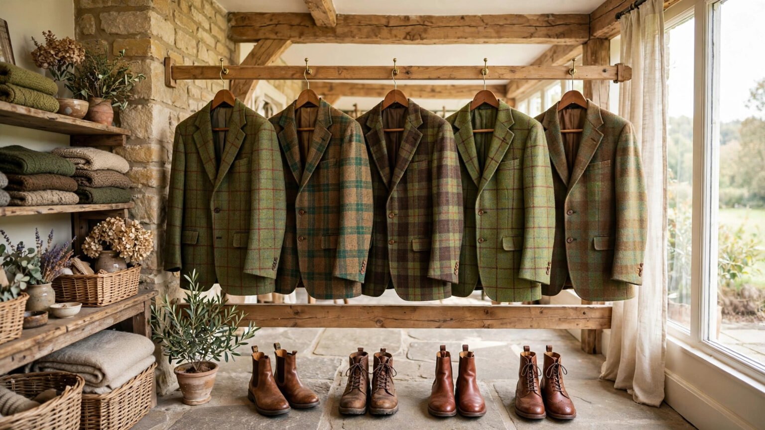 Jade Holland Cooper: The Founder Behind Holland Cooper Tailored tweed coats and blazers in heritage checks on a rail in a British country boutique, Holland Cooper style