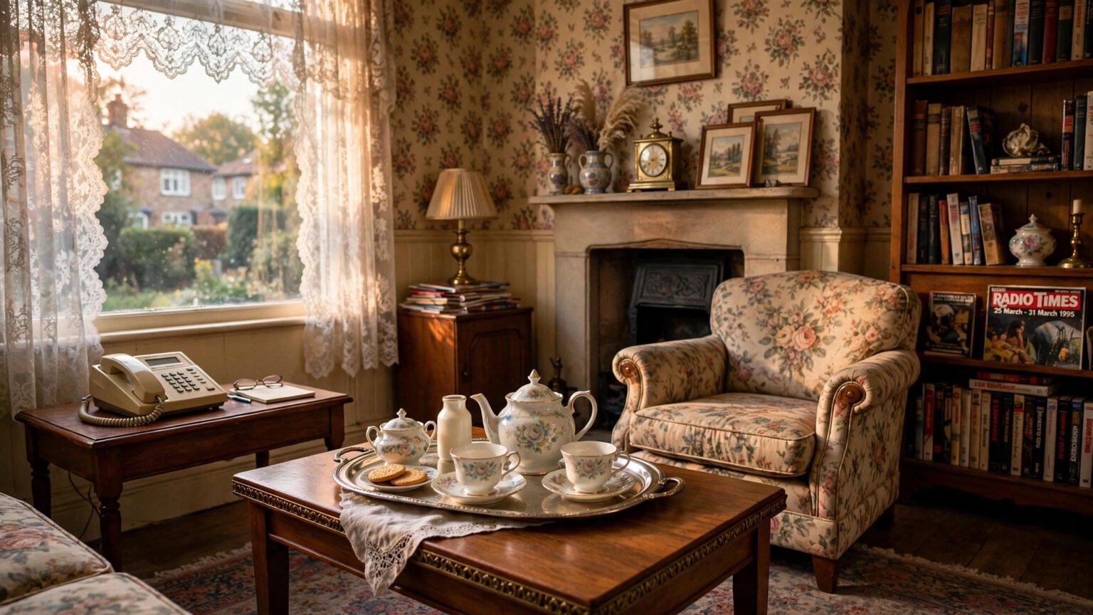 Patricia Routledge: The Life and Legacy of Dame Patricia Routledge (1929–2025) Vintage British sitting room with fine china teacups evoking the world of Hyacinth Bucket in Keeping Up Appearances